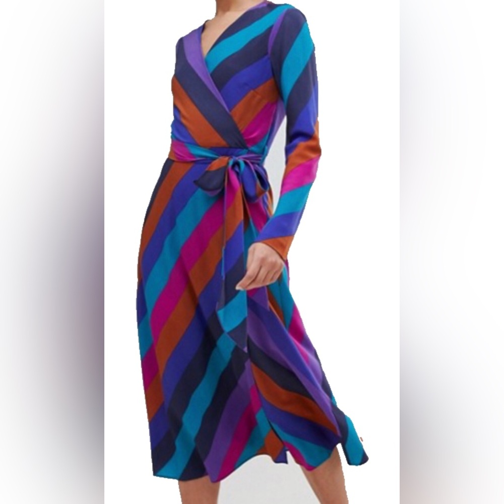 Warehouse Rainbow Striped Midi Wrap Dress with tie waist US 6 UK 10 NWT